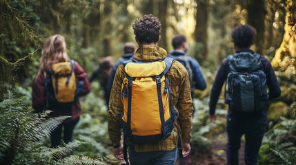Fototapeta na wymiar Group of Friends Hiking Through a Dense Forest, Enjoying Nature and Fresh Air
