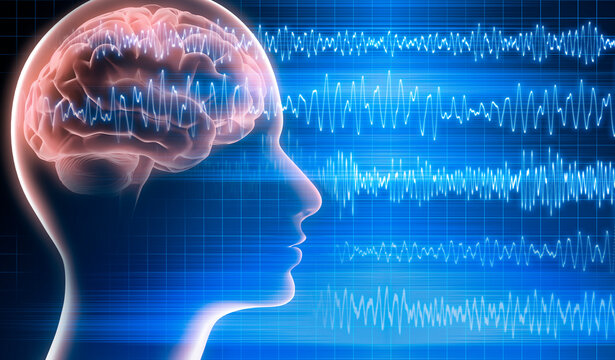 Male head with brain activity on blue background with brain waves - EEG