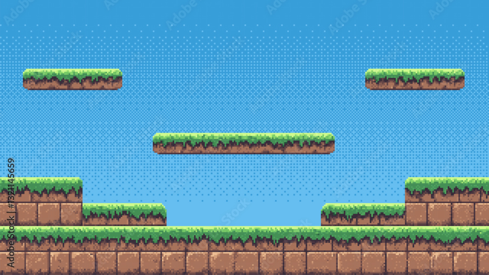 Aufkleber 8-bit pixel art game level background. side scrolling game. blue sky. simple game map template. 2D retro video game style. pixelated vector graphics. 