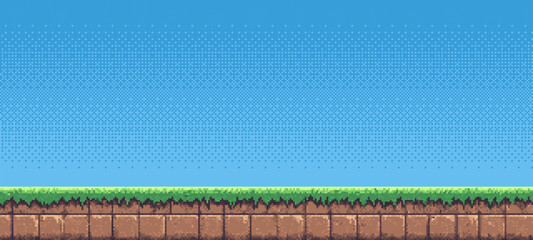 8-bit pixel art game level background. side scrolling game. blue sky. simple game map template. 2D retro video game style. pixelated vector graphics.  © hiten666