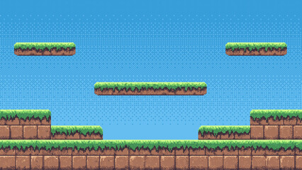 8-bit pixel art game level background. side scrolling game. blue sky. simple game map template. 2D retro video game style. pixelated vector graphics.  © hiten666