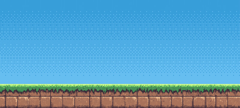 8-bit pixel art game level background. side scrolling game. blue sky. simple game map template. 2D retro video game style. pixelated vector graphics. 