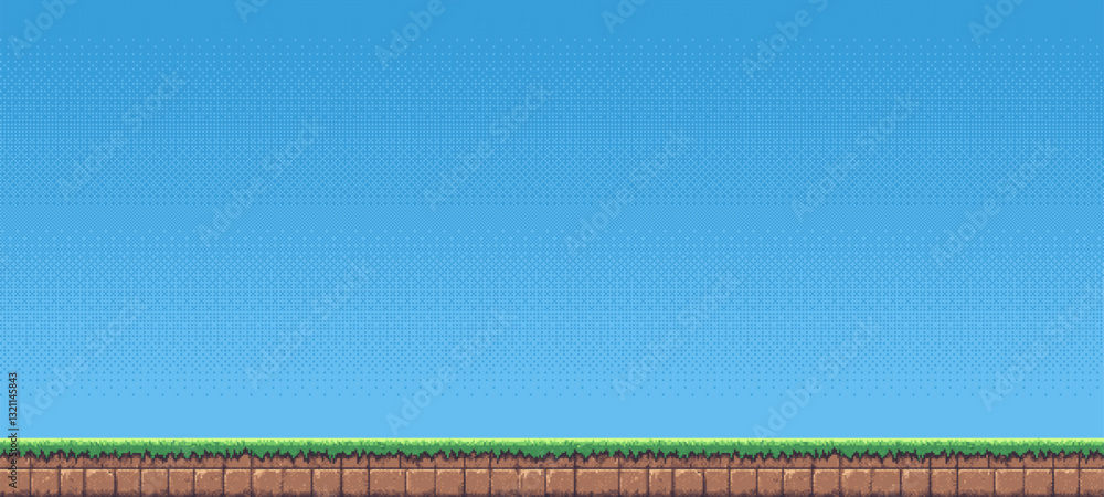 Poster game level side scrolling scene. 8-bit pixel art background. video game template. blue sky and a flat ground. empty field. side view. vector graphics.