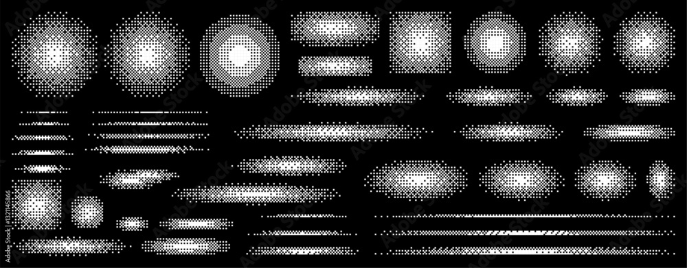 Poster pixel art lights vector elements of various shapes and sizes in white halftone on a black background. Set of pixel comic dots. Retro style design element. Vector illustration.