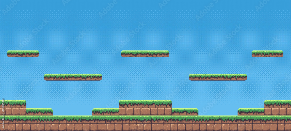 Poster 8-bit pixel art game level background. side scrolling game. blue sky. simple game map template. 2D retro video game style. pixelated vector graphics. 