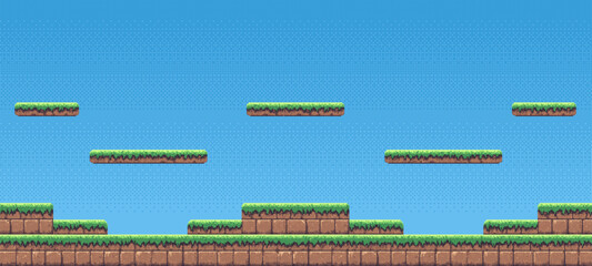 8-bit pixel art game level background. side scrolling game. blue sky. simple game map template. 2D retro video game style. pixelated vector graphics.  © hiten666