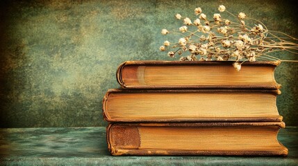 Stack of Vintage Books with Dried Flowers against a Textured Background in Warm Tones