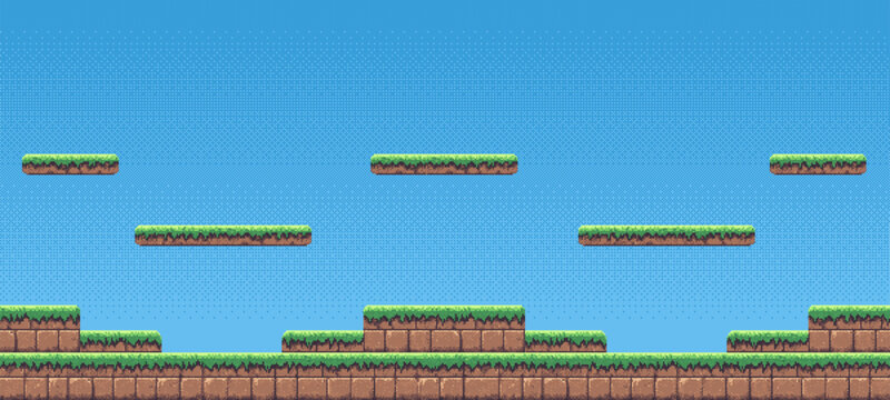 8-bit pixel art game level background. side scrolling game. blue sky. simple game map template. 2D retro video game style. pixelated vector graphics. 