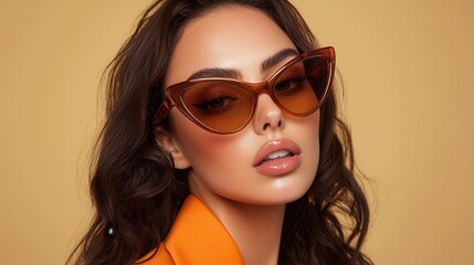 Stylish Woman Wearing Biodegradable Sunglasses in Orange Outfit Against a Warm Background