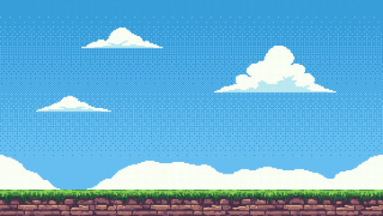 8-bit pixel art game level background. side scrolling game. blue sky with clouds. simple game map template. 2D retro video game style. pixelated vector graphics.  © hiten666