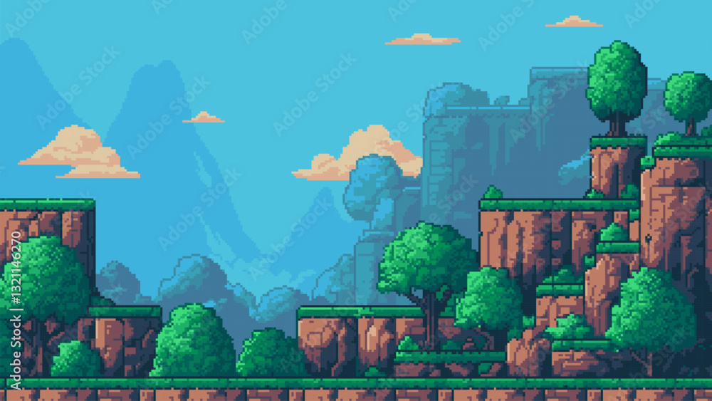 Poster 8-bit pixel art retro game level background. 2D platformer video game. side view of a fantasy world with mountains and trees. simple 2D vector graphics.