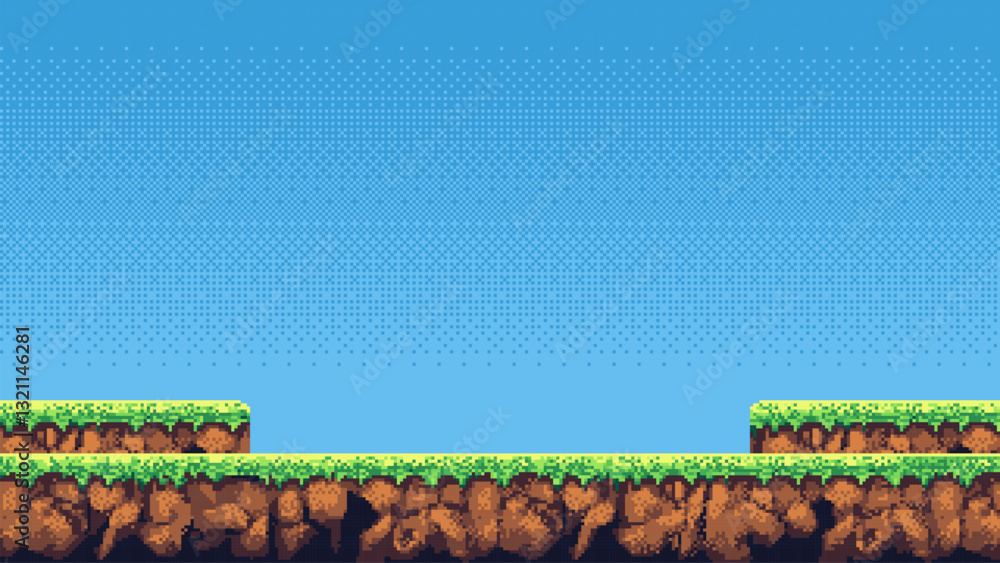 Aufkleber 8-bit pixel art game level background. side scrolling game. blue sky. simple game map template. 2D retro video game style. pixelated vector graphics. 