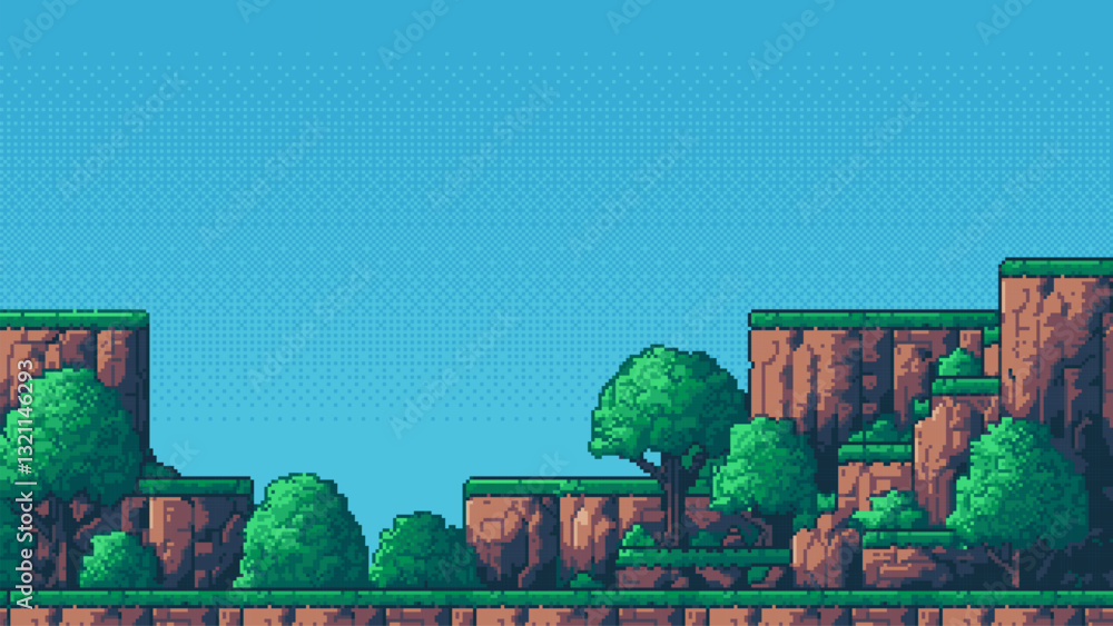 Aufkleber 8-bit pixel art game level background. retro style pixelated background. blue sky. trees and mountains. side scrolling landscape. 2D flat design. vector graphics.