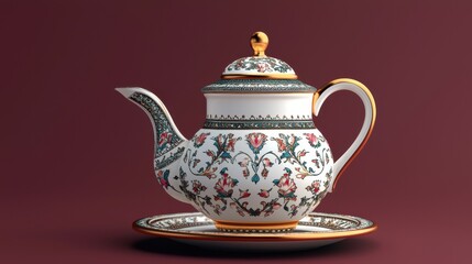 Elegant Minimalist 3D Rendering of Decorative Islamic Teapot with Floral Patterns on a Rich Background
