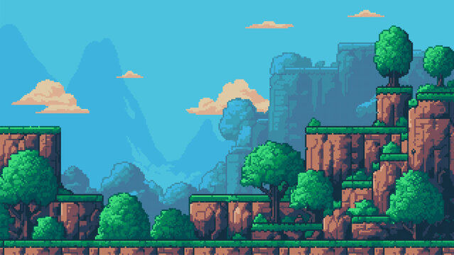 8-bit pixel art retro game level background. 2D platformer video game. side view of a fantasy world with mountains and trees. simple 2D vector graphics.