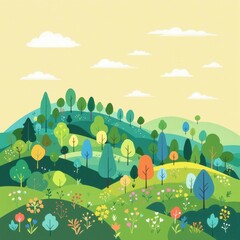 A lush green hillside with a variety of trees and flowers