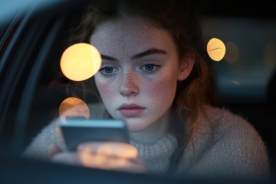 Driver's focus is on their phone, unaware of a vehicle rapidly approaching in the soft-focus reflection on the windshield, highlighting the dangers of distracted driving