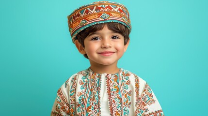 Child Smiling Brightly in Traditional Attire Against a Vibrant Background