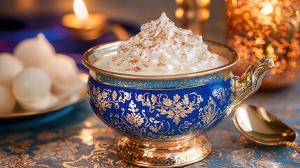 Traditional Ramadan Dessert Served in Decorative Bowl with Whipped Cream and Nuts in Warm Ambiance