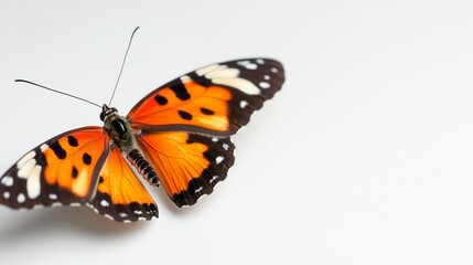 Obraz premium Vibrant orange butterfly with black & white markings, wings spread wide on white background