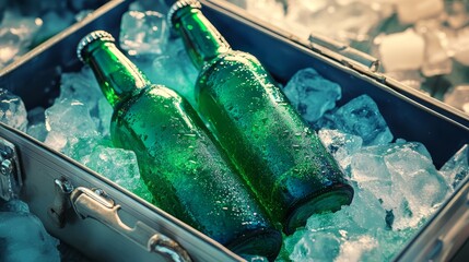 Green glass bottles on ice inside a metal cooler, refreshing drinks