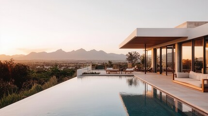 Fototapeta premium Contemporary home with rooftop swimming pool, glass edges, view of the mountains in the background, warm golden hour light