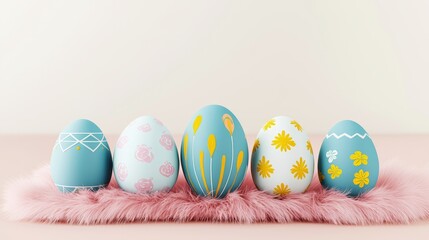 Fototapeta premium Five beautifully decorated Easter eggs in blue and white tones sit on a soft pink surface, showcasing various patterns and designs.