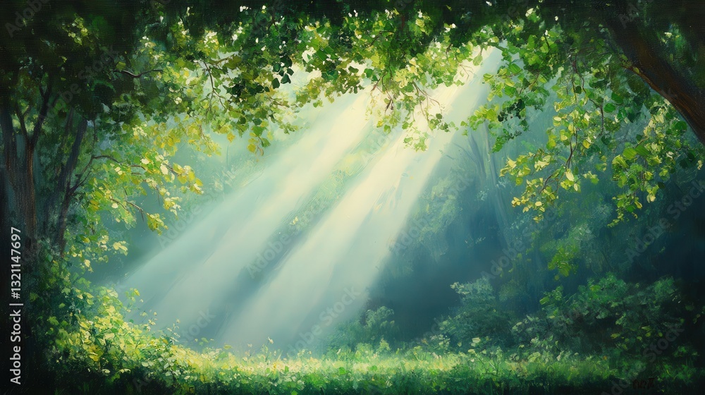 Aufkleber a serene forest scene with sunlight streaming through the trees, creating a tranquil and peaceful at