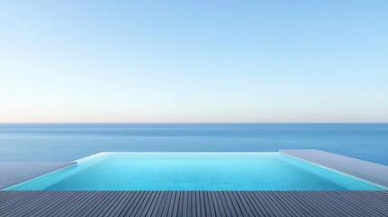 Rooftop swimming pool at a minimalist villa, glass edges blending with the landscape, natural wooden deck, serene atmosphere