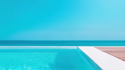 Obraz premium Luxurious rooftop pool at a beachfront residence, sleek glass design, ocean stretching into the horizon, peaceful atmosphere