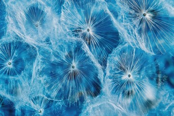 Close-up view of intricate, translucent, blue fungi