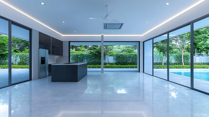 A modern and spacious kitchen area featuring large windows that overlook a lush garden and swimming pool, with sleek appliances and minimalist design