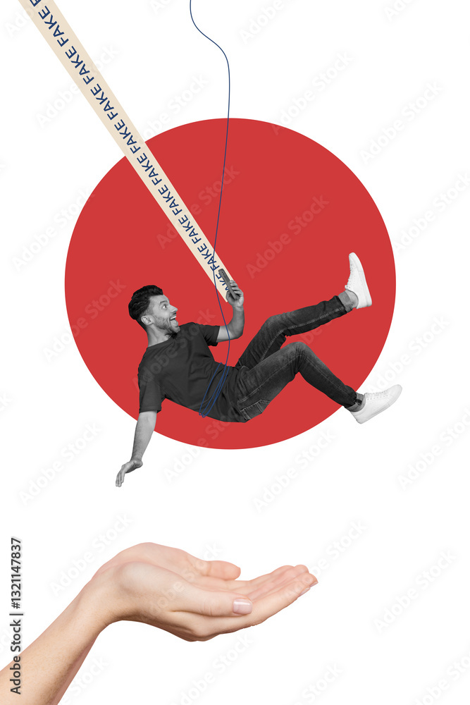 Poster collage sketch image of impressed guy reading modern device fake news isolated grey color background