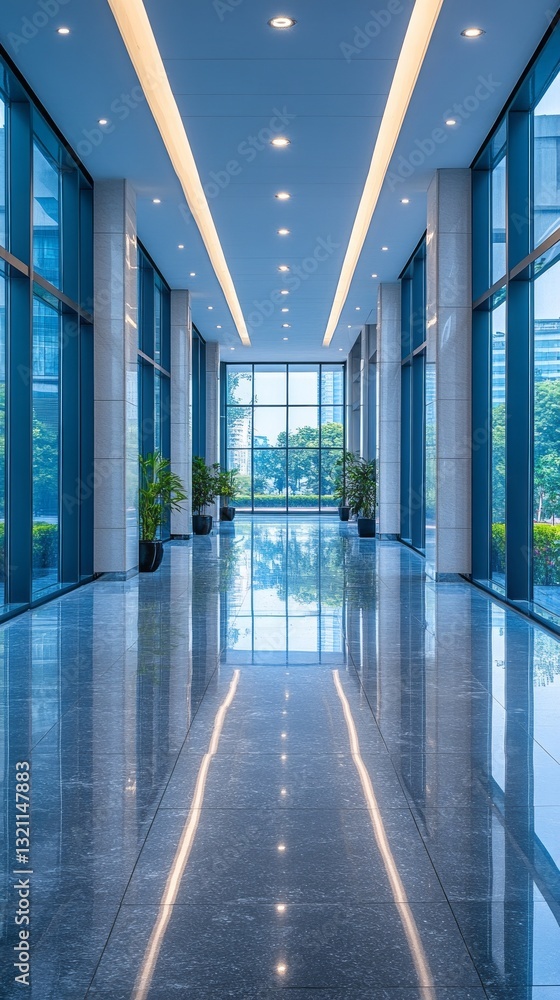 Poster bright corridor lined with large windows inviting sunlight into a polished, modern office environmen