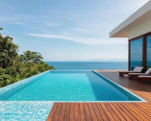 Fototapeta premium Infinity pool on the rooftop of a beachfront home, wooden deck with simple seating, ocean view stretching to the horizon
