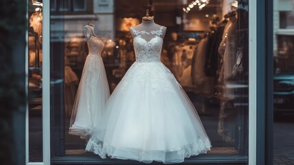 Fototapeta premium Beautiful bridal gown showcased in a luxury wedding store