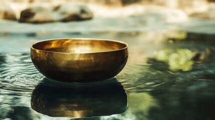 Floating singing bowl in still water for deep meditation.