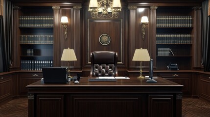 Elegant Executive Office Interior with Classic Wood Paneling and Furnishings