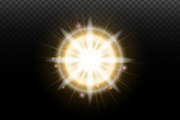 Light flash effect with flares and glow on a transparent background. Magical glow, shining light, star, optical flares for design, photomontage, New Year, and festive projects.