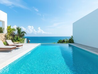 Fototapeta premium Luxurious rooftop pool with ocean view, infinity edge design, sleek lounge chairs, bright blue sky, modern residence