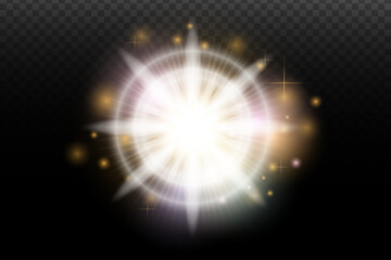 Light flash effect with flares and glow on a transparent background. Magical glow, shining light, star, optical flares for design, photomontage, New Year, and festive projects.