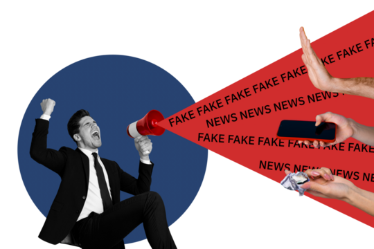 Trend artwork sketch image 3D photo collage of young guy influencer hold bullhorn tell fake news users hands reach out hold phone money