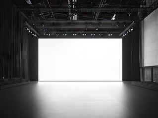 Empty fashion show runway with large blank screen