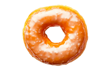 Sweet delicious glazed donut close up isolated on transparent PNG background.