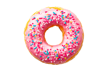 Sweet delicious pink glazed donut with icing on top close up isolated on transparent PNG background.
