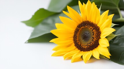 Naklejka premium Vibrant sunflower with lush green leaves
