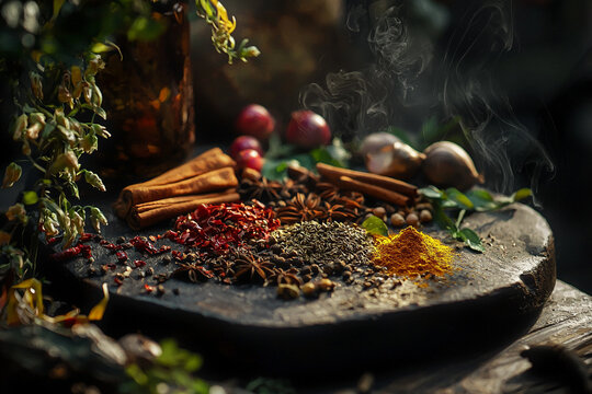 Warm aromatic spices and herbs collection on dark wooden board food cumin chili anise pepper ginger