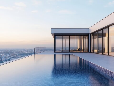 Elegant rooftop swimming pool with panoramic city view, glass barriers, modern home, calm water, warm golden light
