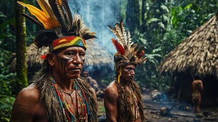 Fototapeta premium Indigenous people of the Amazon rainforest, adorned in traditional headwear and body paint