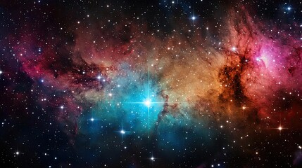 Dark sky idea. Stunning cosmic nebula featuring vibrant colors and sparkling stars in deep space.